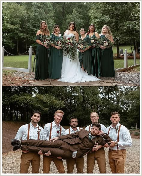 Woodland Wedding Groom Attire, Green Bridesmaid Brown Groomsmen, Woodland Green Wedding, Wedding Color Schemes Olive Green, Brown And Green Bridal Party, Forest Green Champagne Wedding, Bridal Party Forest Green, Forest Green Groomsmen Suits, Forest Green Bridesmaid Dresses With Groomsmen