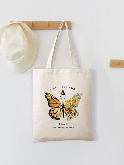 Beige Preppy   Polyester Animal,Letter Shopper Bag Embellished   Women Bags Tote Bags Painting, Canvas Bag Painting, Tote Bag Graphic Design, Tote Bag Inspiration, Bag Painting Ideas, Preppy Tote Bags, Creative Tote Bag, Painted Canvas Bags, Butterfly Tote Bag