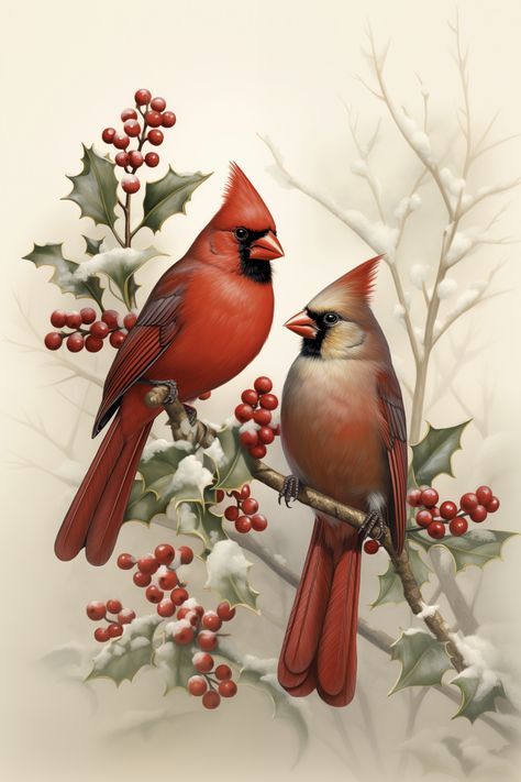 Delight in the vibrant beauty of winter with this exquisite digital download painting. The artwork lovingly showcases a pair of radiant cardinals, their striking red plumage standing out brilliantly against a soft, wintry backdrop. Perched gracefully on snow-kissed branches adorned with plump red berries and crisp holly leaves, these birds capture the very essence of the holiday season. Winter Birds Painting, Cardinal Birds Art, Winter Cardinals, Christmas Decor Vintage, Pine Tree Painting, Cardinal Painting, Xmas Art, Christmas Birds, Diy Christmas Paintings