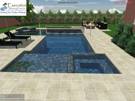 Custom Pool Design - Rectangular pool with flush spa, sunledge, volleyball net Volleyball Pool, Living Pool, Landscape Gardening, Volleyball Net, Rectangular Pool, Custom Pool, Backyard Pool Landscaping, Modern Pools, Small Pools