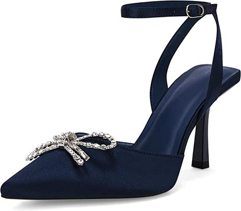 Amazon.com | Coutgo Womens Rhinestone Bow Heels Pumps Kitten Heel Pointed Toe Rhinestone Bow Heels Wedding Dress Shoes Navy | Shoes Navy Blue Shoes Heels, Bow Heels Wedding, Rhinestone Bow Heels, Blue Shoes Heels, Blue Stilettos, Navy Blue Heels, Navy Heels, Prom Inspo, Navy Blue Shoes