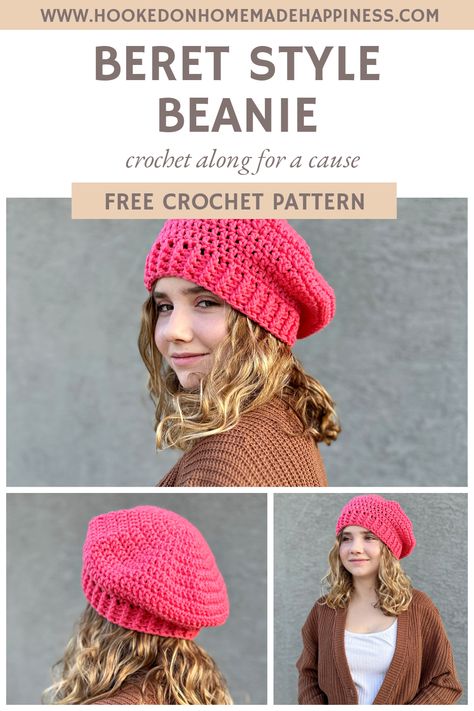 Beret Style Beanie Crochet Pattern - Hooked on Homemade Happiness Wool Crochet Hat Pattern, Beret Free Crochet Pattern, Crochet Newsboy Hat Free Pattern Women, Crochet Slouchy Beret, How To Crochet A Beret Hat, Crochet Beanie Women, Free Crochet Pattern For Hats, Baret Hat Crochet Pattern, Slouchy Beret Crochet Pattern Free