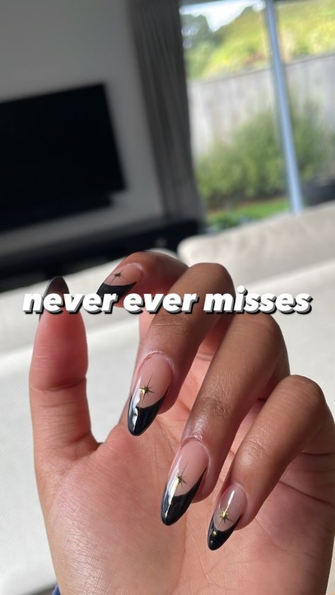 Mail Inspo Almond Black, Nail Design With Moon, Black Tips With Design, Black Almond Nails With Stars, Grunge Nails Acrylic 90s Almond, Prom Nails Black Almond, French Tip Moon Nails, Clear With Black Design Nails, Black Prom Nails Acrylic Almond