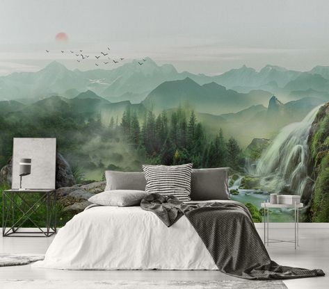 Waterfall Wallpaper Misty Landscape Wall Mural Sunrise Wall Print Country Style Home Decor Cafe Design Living Room by Murwall on Etsy https://www.etsy.com/uk/listing/661024008/waterfall-wallpaper-misty-landscape-wall Misty Landscape, Waterfall Scenery, Landscape Sunrise, Waterfall Wallpaper, Sunrise Wallpaper, Living Room Themes, Table Sofa, Up House, Forest Wallpaper