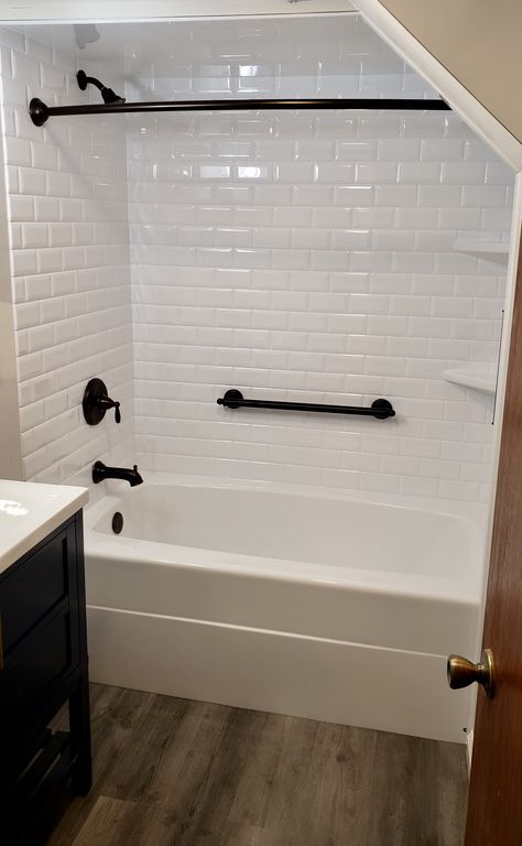 Bathtub Shower Combo Remodel Diy, Updating Tub Shower Combo, One Piece Tub Shower Combo Remodel, Redo Shower Tub Combo, Bathtub To Shower Remodel Before And After, Basement Bathtub Ideas, Bathtub Shower Remodel On A Budget, New Bathtub Ideas, Tub With Tile Walls Master Bath