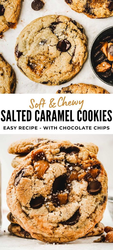 Indulge in the perfect blend of sweet and salty with these salted caramel chocolate chip cookies, featuring chunks of salted caramel candy for a delightful chew. Each bite offers a soft texture that melds the rich chocolate chips with the gooey caramel pieces. It's a heavenly treat that balances the sugary sweetness with a hint of sea salt, making it an irresistible snack at any time of the day. Sea Salt And Caramel Cookies, Gluten Free Salted Caramel Chocolate Chip Cookies, Cookie Recipes With Caramel, Salted Caramel Cookies Easy, Chocolate Caramel Sea Salt Cookies, Dark Chocolate Sea Salt Caramel Cookies, Best Sweet And Salty Snacks, Trader Joe’s Salted Caramel Chips, Vegan Salted Caramel Cookies