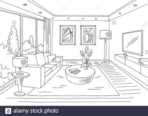 Room Perspective Drawing, Living Room Illustration, Perspective Room, Interior Design Sketchbook, Black White Home, Casa Interior, Perspective Drawing Architecture, Interior Architecture Drawing, Drawing Interior