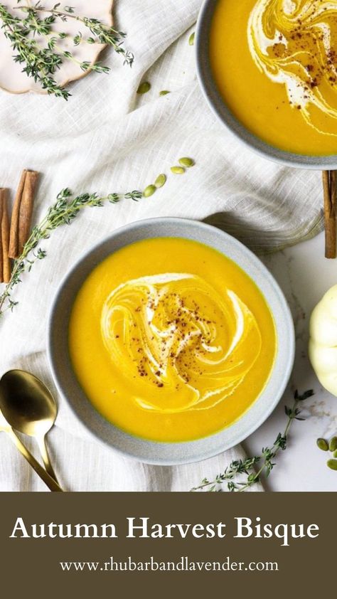 Golden Soup, Squash Bisque, Pumpkin Bisque, Butternut Squash Cinnamon, Bisque Soup, Touch Of Spice, Bisque Recipe, Pumpkin Squash, Soup And Stew