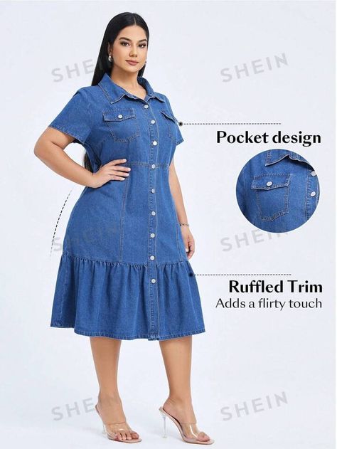 SHEIN Plus Size Summer Casual Denim Shirt Dress With Front Buttons | SHEIN USA Simple Dress Styles, Summer Fashion Dresses Casual, Denim Dress Outfit, Vestidos Jeans, Casual Denim Shirt, Plus Size Summer Casual, Short Sleeve Denim, Elegant Outfit Classy, Plus Size Denim