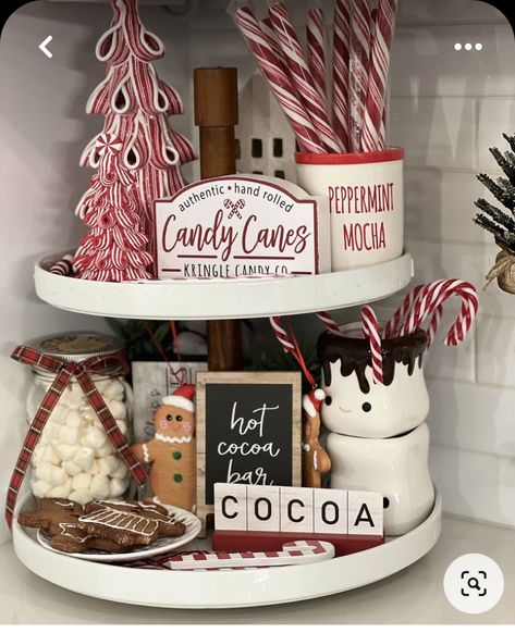 Candy Cane Tiered Tray, Candy Cane Tiered Tray Decor, Christmas Tier Tray Decor Ideas, Hot Cocoa Tiered Tray Decor, Tiered Christmas Tray Decor, Kitchen Counter Christmas Decor Ideas, Red And White Christmas Kitchen, Hot Chocolate Tiered Tray, Living Room Ideas Christmas