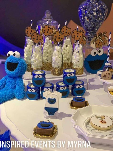 Baby Shower Cookie Monster Theme, Cookie Monster Theme Party 1st Birthdays, Cookie Monster Treat Table, Cookie Monster Birthday Party Decorations, Cookie Monster Baby Shower Treats, Cookie Monster Birthday Decorations, Cookie Monster Baby Shower Games, Cookie Monster Dessert Table, Cookie Monster Birthday Party Ideas