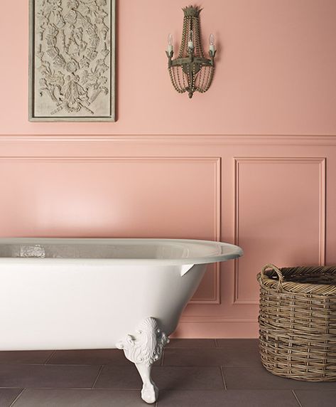 Pink Paint Color by Family - Benjamin Moore's Fruit Shake 2088-60. Via @benjamin_moore Pastel Bathroom, Pink Bedroom Walls, Pink Paint Colors, Pink Living Room, Bathroom Paint Colors, Colored Ceiling, Benjamin Moore Colors, Kitchen And Bath Design, Bath Storage