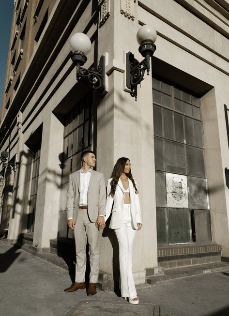 Engagement photo inspo, modern engagement photo, city engagement photo, white bridal suit, white suit, engagement photo outfit, tan suit, neutral suit, engagement shoot, city style, bridal outfit White Bridal Suit, City Engagement Pictures, Fall Engagement Outfits, Save The Date Pictures, Classy Engagement Photos, Engagement Photo Outfit, Bridal Suit, Engagement Picture Outfits, Outdoor Wedding Dress