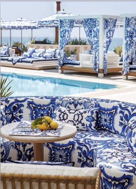 Upholstered Ottoman Coffee Table, Outdoor Pool Furniture, Beach Shacks, Light Blue Kitchens, Outdoor Cabana, Blue Patio, Blue White Decor, Pool Furniture, Blue And White China