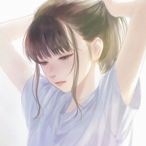 1girl bangs brown_hair closed_mouth eyebrows_visible_through_hair grey_background grey_eyes half-closed_eyes hands_above_head hands_up highres looking_down original pink_lips romiy shirt short_sleeves skirt solo tying_hair upper_body white_shirt An Anime, Bangs, Hair, Anime, Blue