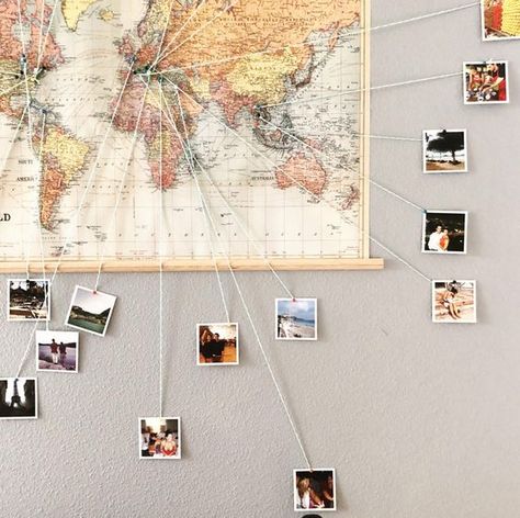 World Map With Photos Wall Art, World Map Photo Wall, World Map Pictures Wall, Travel Map Diy Pin Boards, Map On Wall, Map Bedroom, Travel Photo Wall, World Map With Pins, Diy Map