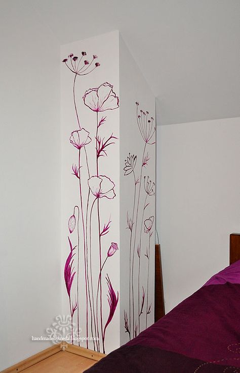 hand painted flowers on walls | Wall Painting (Pictura pe perete) - Handmade by Meda Wall Painting Flowers, Diy Wall Painting, Wall Painting Decor, Flowers Painted, Wall Drawing, Wall Paint Designs, Interior Painting, Hand Painted Walls, Interior Paint Colors