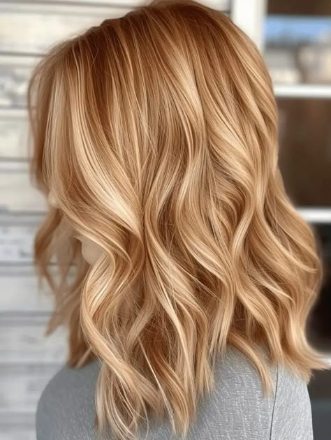 Honey Wheat Hair Color, Medium Hair With Lots Of Layers, Medium Strawberry Blonde Hair, Spring Red Hair Color, Cherry Blonde, Red And Blonde, Copper Blonde Hair, Light Strawberry Blonde, Strawberry Blonde Highlights