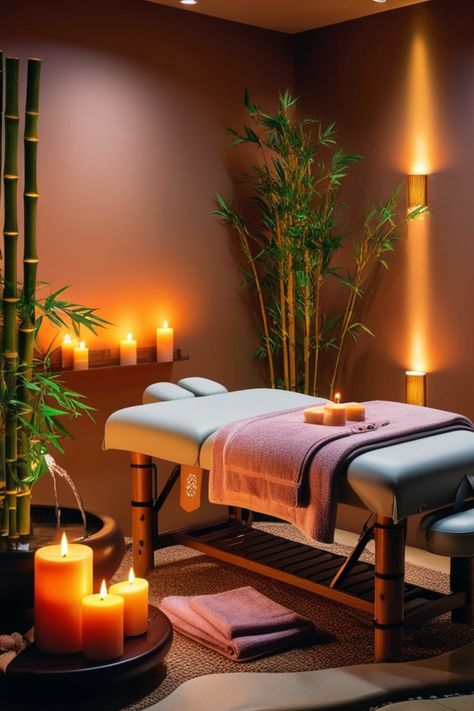 Bali Massage Room, Simple Massage Room Ideas, Massage Parlor Design, Massage Cabinet Room Ideas, At Home Spa Set Up, Massage Room Decor Zen, Spa Decorations Ideas, Salon Interior Design Earthy, Spa Setup Ideas