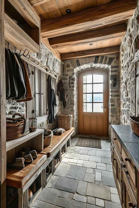 Transform your mudroom into a charming space that combines the elegance of a castle with the warmth of a cottage. Embrace the cozy essence of a cottage by adding stone flooring and walls, as well as exposed beam ceilings. Enhance the ambiance with rustic accents and vintage furniture. Create a stylish mudroom that reflects the perfect blend of castle-inspired aesthetics and cozy comfort. #CastleMeetsCozy #StylishMudroom #CottageEssence #StoneFlooring Stone Cottage Homes, Irish Farm, Cabin Basement, House In The Clouds, Cottage Flooring, Stone Cabin, Stone Walls Interior, Dream Cabin, Country House Interior