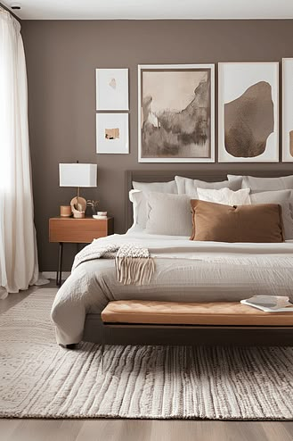 Brown Interiors: 10 Color Combinations That Go With Brown Mocha Brown Paint Color, Brown Room Paint Ideas, Beige Bedroom Color Palette, Dark Taupe Bedroom Walls, Soft Brown Bedroom, Brown Paint Bedroom Ideas, Brown Room Paint, Brown And Gray Color Palette, Brown Walls Bedroom Ideas