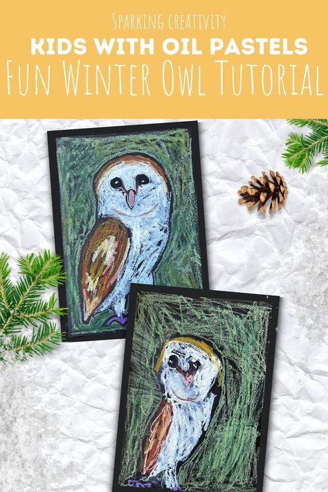 Winter Birds Art For Kids, Oil Pastel Art Projects For Elementary, Winter Oil Pastel Art For Kids, Owl Pastel Drawing, Owl Directed Drawing For Kids, Oil Pastel Owl, Oil Pastel Lesson, Oil Pastel Art Lesson, Oil Pastel Art Lessons Elementary