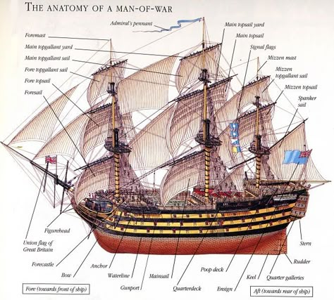 In case you ever wondered what a 'Mizzenmast" is.....  Man of War ~ Voyager Ship Diagram, Poop Deck, Navi A Vela, Old Sailing Ships, Hms Victory, Ship Of The Line, English Men, Sailing Vessel, Sail Boats