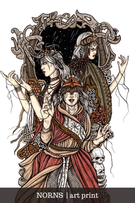 A mesmerizing depiction of the Norns: Urd, Verdandi, and Skuld. In rich pagan attire, they stand against a backdrop of warm earthy tones. Their intricate headpieces and ornate face paint reflect their role as weavers of destiny. The threads they hold symbolize the interplay of past, present, and future. In the background, a traditional Norse knotted ornament with wolves adds a touch of authenticity. Danish Mythology, Norns Norse Mythology, Norse Mythology Drawing, Viking Shirts, The Norns, Viking Gods, Gifts Brother, Viking Gifts, The Three Sisters