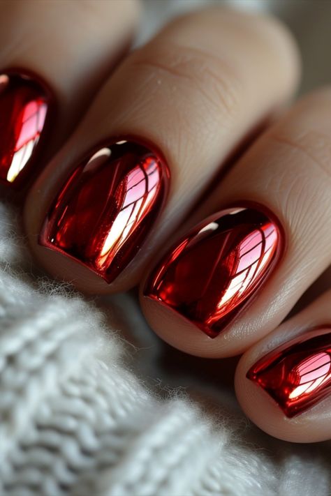 Red Chrome Nails Red Metalic Nails Ideas, Red And Black Chrome Nails Designs, Modern Red Nails, Red Designs Nails, Pink And Red Chrome Nails, Red Chrome Nails Designs Valentines, Red Iridescent Nails, Chrome Red Nails Designs, Best Chrome Nails