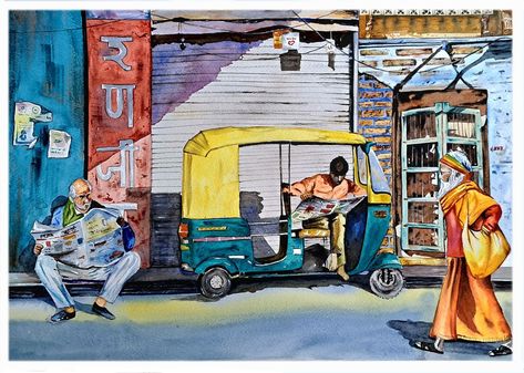 A ecstatic visual of a morning in the historical city of Banaras. Premium  Watercolor on 300 GSM cannon watercolor paper. Watercolor Painting For Competition, 3 Human Figure Composition Painting, Daily Life Illustration Drawings, Simple Composition Painting, 3 Figure Composition Painting, Indian Composition Painting, Watercolor Painting Composition, Picture Composition Painting, Composition Watercolor Painting