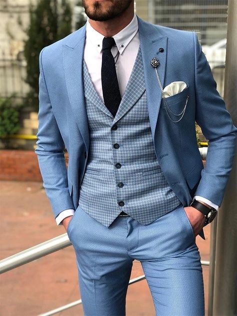 Men Suits Pattern, Suits With Vest For Men, Mens Wedding Suits Blue, Mens Blue Suit Outfit Wedding, Mens Blue Suits Wedding, Men’s Blue Suit Ideas, Men’s Wedding Suits Blue, Men’s Blue Suits, Patterned Wedding Suit