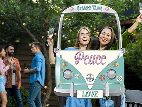 Van Photo Booth, Hippie Couple, Woodstock Hippies, Wedding Photo Booth Props, Ball Birthday Parties, Hippie Party, Hippie Van, School Event, James Franco