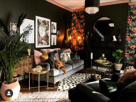 Black And Jewel Tone Living Room, Edgy Glam Decor, Moody Maximalist Pink, Moody Living Room Decor Ideas, Tropical Goth Decor, Moody Maximalism, Moody Maximalist, Burgundy Living Room, Moody Living Room