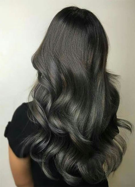 Onyx hair Dark Grey Hair Color, Brunette Hair Color With Highlights, Dark Grey Hair, Silver Highlights, Hair Streaks, Hair Color Purple, Blonde Hair With Highlights, Trendy Hair Color, Hair Color Highlights