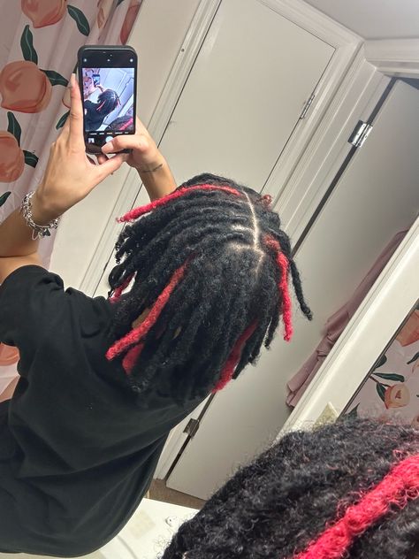 pink & black locs. Pink And Black Dreads Men, Pink And Red Dreads, Ginger And Pink Locs Black Women, Pink Skunk Stripe Locs, Skunk Stripe Hair Locs, Pink Dyed Locs, Dyed Tips Locs, Pink And Black Dreads, Red And Blonde Dreads