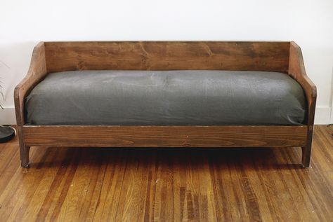 DIY Wood Sofa - The Merrythought Homemade Sofa Couch, Daybed Plans Diy, Daybed Couch Diy, Diy Wood Sofa, Diy Loveseat, Daybed Diy, Homemade Sofa, Divan Cama, Mattress Couch