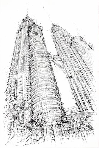 Petronas Twin Towers, Kuala Lumpur, Malaysia. Architectural Illustration by Cam Wilson. www.camwilson.ca Menara Kuala Lumpur Drawing, Klcc Illustration, Twin Towers Malaysia Drawing, Pen And Ink Art, Watercolour And Pen, Architecture Artists, Architectural Illustration, Architecture Sketches, Petronas Towers