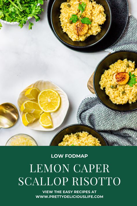 Low Fodmap Risotto Recipes, Low Fodmap Risotto, Fodmap Risotto, Scallop Risotto, Lemon Risotto, Easy Risotto, Risotto Recipes Easy, Fodmap Food, Capers Recipe