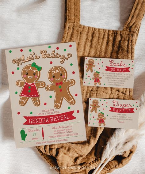 "Everyone will love this adorable What's Baking Gender Reveal Invite set! You will love how easy it is to edit and print! This design features an adorable gingerbread boy and girl with red and green candies - perfect for your Winter or Christmas time gender reveal!  The fonts are in a delicious baked frosting and holiday bakery styles. You will love how easy this editable template it is to edit, download and print (or text!). Invite, thank you card, diaper raffle, and books for baby cards included! No special software required! Easy to edit and print! PLEASE NOTE: This purchase is for a digital template. No physical item will be shipped. * * * * * TRY BEFORE YOU BUY * * * * * https://www.corjl.com/d/3EA8 * * * * * MATCHING ITEMS * * * * * For all of our beautiful coordinating items, go to Christmas In July Gender Reveal, Ginger Bread Gender Reveal Ideas, Ginger Bread Gender Reveal Theme, Christmas Time Gender Reveal Ideas, Gender Reveal Ideas December, Gender Reveal December, What’s Baking Gingerbread Gender Reveal, Gender Reveal Ideas For Party Winter, Gender Reveal Ideas Thanksgiving