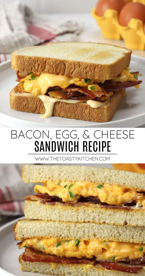 Bacon, egg, and cheese sandwich recipe by The Toasty Kitchen. Make a bacon, egg, and cheese sandwich for any meal of the day - breakfast, lunch, or dinner. It's a comfort food classic that's not only easy to prepare, but filling and hearty. #becsandwich #baconeggcheesesandwich #breakfast #lunch #dinner #dinnerideas #comfortfood #recipe Bacon Egg Gouda Sandwich, Bacon Egg Cheese Sandwich, Eggs And Bacon Recipes, Bacon Sandwich Breakfast, Bacon Breakfast Ideas, Egg And Bacon Sandwich, Sandwiches Board, Bacon Egg Sandwich, Bacon Sandwich Recipes