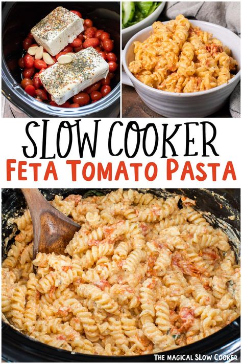 Have you seen the viral Tik Tok Feta and Tomato Pasta? Try my slow cooker version which has cream cheese and loads of other flavors. - The Magical Slow Cooker Crock Pot Feta Pasta, Tik Tok Crock Pot Recipes, Crockpot Pasta Recipes No Meat, Feta Crockpot, Tik Tok Meal Ideas, Tik Tok Crockpot Recipes, Winter Slow Cooker Recipes, Slow Cooker Side Dishes, Feta And Tomato Pasta