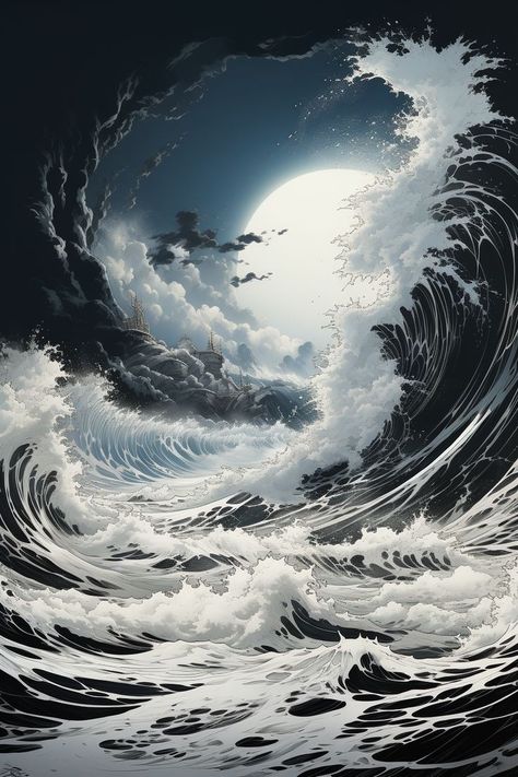 Huge moon lit raging ocean waves crashing on itself. Sea Fantasy Art Ocean, Asian Ocean Art, Ocean Waves Reference, Ocean Waves Art Illustration, Ocean Waves Drawing Pencil, Water Tattoo Designs Ocean Waves, Ocean Scenery Drawing, Crashing Waves Drawing, Crashing Waves Tattoo