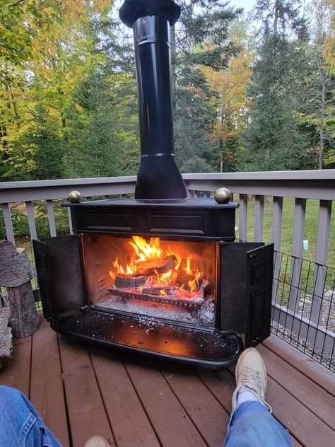 Wood Burning Stove On Deck, Wood Burning Stove On Porch, Chimnea Outdoor Patio Ideas, Chimnea Ideas, Chimnea Outdoor, Outdoor Wood Burning Stove, Seasonal Campsite, Outdoor Wood Stove, Fire Pit Chimney