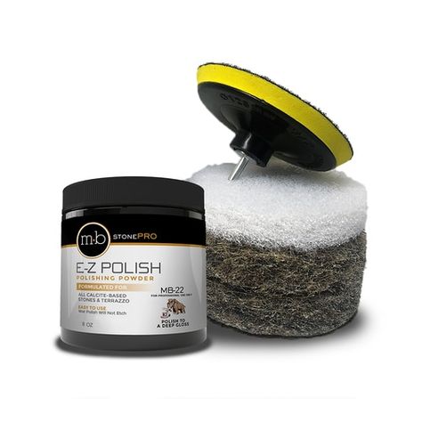 Polishing powder and drill with pads. Designed for calcite-based stones & terrazzo. Awesome polishing powder that will not etch surfaces with splatters Faux Granite Countertops, Agent May, Cleaning Marble, Granite Polish, Stone Polishing, Cleaning Stone, Formica Countertops, Marble Polishing, Honed Marble