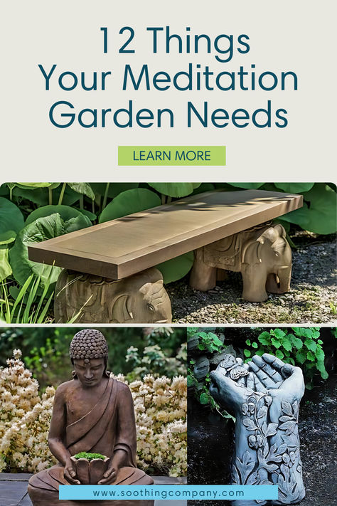 A serene and lush meditation garden featuring a soothing fountain, elegant statues, vibrant planters, and comfortable benches. Discover the essentials to create your dream zen retreat with Soothing Company's comprehensive guide. Find tranquility and design your perfect garden oasis today with our expert tips and must-have items. Yoga Garden Ideas, Indian Garden Ideas Outdoor Spaces, Zen Garden Design Meditation Space, Zen Patio Ideas, Zen Garden Ideas Backyard, Meditation Shed, Zen Garden Design Small, Garden Meditation Space, Outdoor Meditation Garden