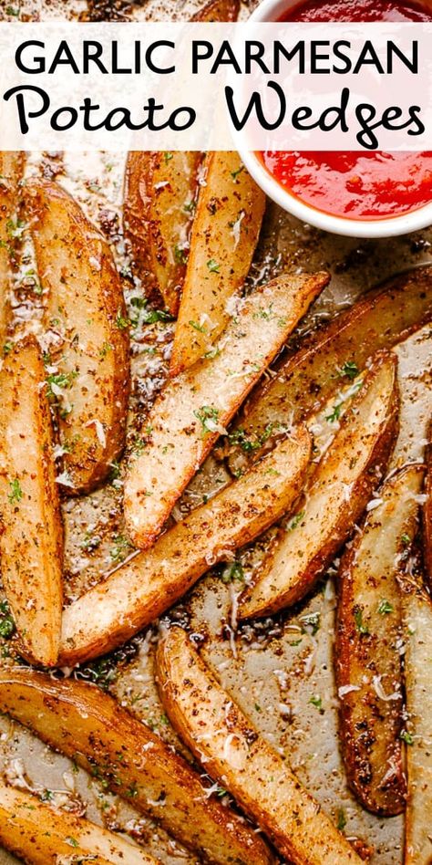 Parmesan Potatoes Wedges, Potato Wedges In Oven, October Dinners, Oven Baked Wedges, Oven Wedges, Garlic Parmesan Potato Wedges, Baked Potato Wedges Recipe, Parmesan Baked Potatoes, Meatballs Crockpot