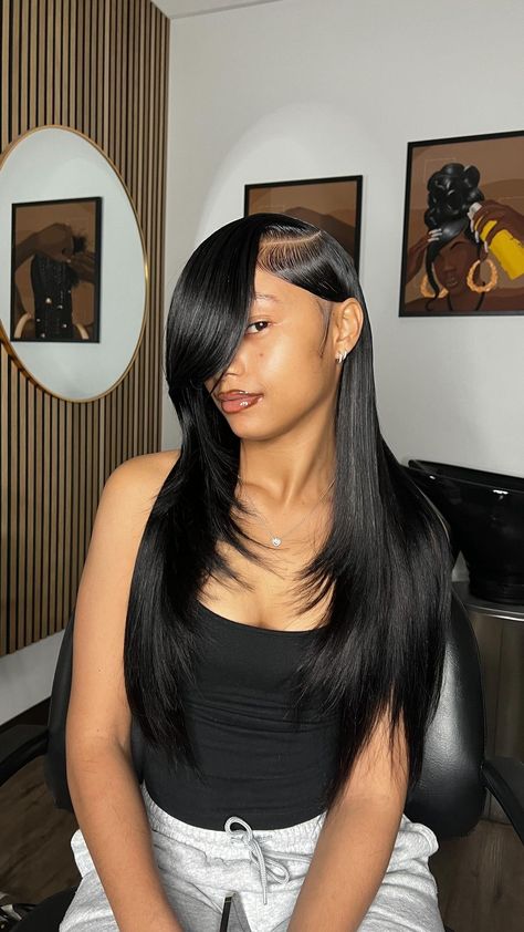 Ashyra’s Beauty. | Quickweave styling Deep side part bang w/ layers❤️ Link in Bio. | Instagram Bangs Side Part Wig, Deep Layers Haircut, Deep Side Part Sew In With Layers, Deep Side Part Bangs, Side Bang Sew In, Side Swoop Quick Weave, Deep Side Part Sew In Straight, Deep Side Part With Layers, 30 Inch Bussdown Side Part