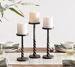 Benchwright Fenton Dining Room | Pottery Barn Early American Homes, Minimalist Space, Community Projects, Iron Candlesticks, Spring Centerpiece, Selling Candles, Iron Candle, Candle Sizes, Pillar Candle Holders