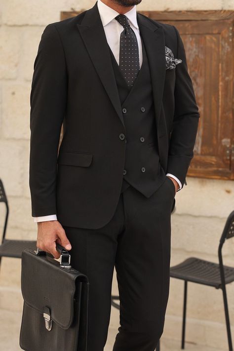 Embrace the power of tailoring with our Black Slim-Fit Suit 3-Piece. The slim-fit silhouette and classic black color make it a wardrobe essential for the modern man. Step into meetings and special occasions with confidence and impeccable style.  #blacksuit #suit #suits #menattire #menstyle #slimfit #formallook Blazer Waistcoat, Double Breasted Suit Men, Double Breasted Tuxedo, Suit Styles, Suit Stores, Slim Fit Suit Men, Suits Prom, Formal Men Outfit, Black Attire