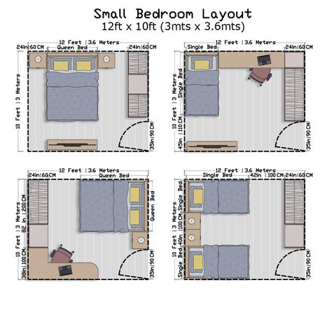 Design Guide to Optimizing Bedroom Size and Layouts Bedroom Dimensions Plans, 12x12 Room Layout Bedroom, Bedroom With Couch Layout, 10x11 Bedroom Layout Ideas, Small Teenage Boys Room, Otroška Soba, Atl Apartment, Hostel Design, Bedroom Layout Design